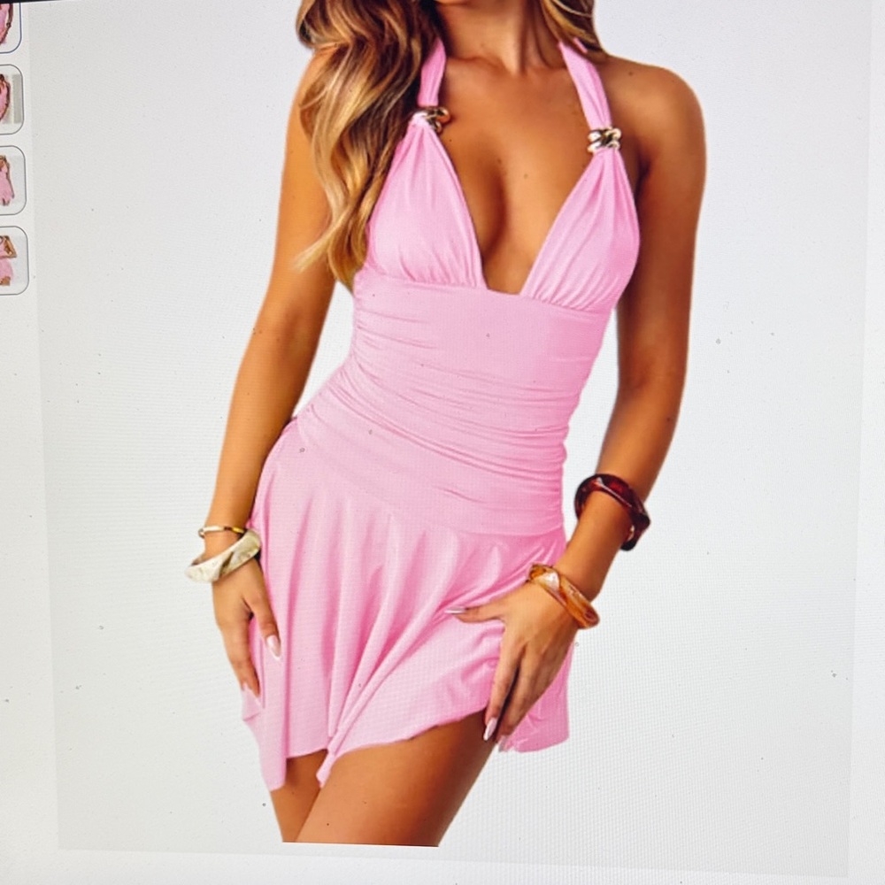 Pink Halter V-Neck Ruched Mini Dress
